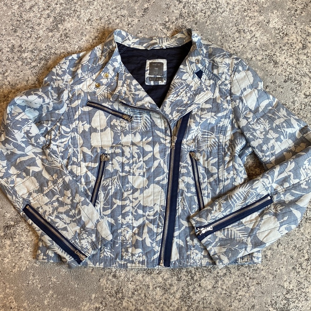 Gap floral chambray quilted moto jacket